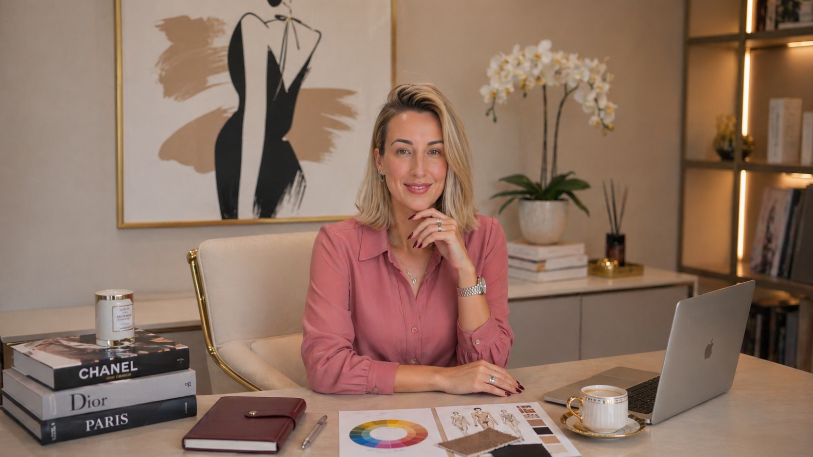 Consultora de imagem em atendimento com cliente, laptop e cartelas de cores